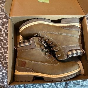 Cute brown boots with flannel edge. **never worn in perfect condition.